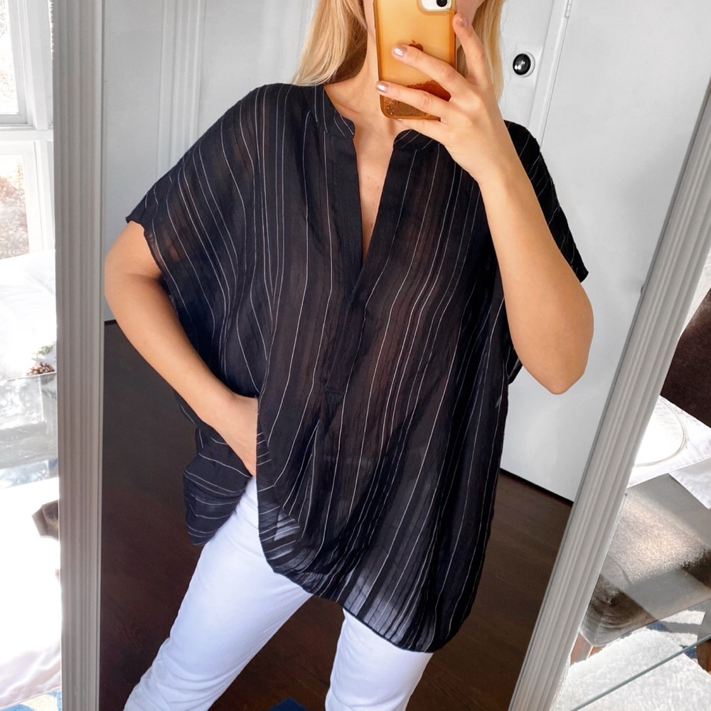 π€ PLUS VINCE BLACK WHITE STRIPE LOOSE FIT V-NECK SHORT SLEEVE TOP/TUNIC! - Picture 5 of 16